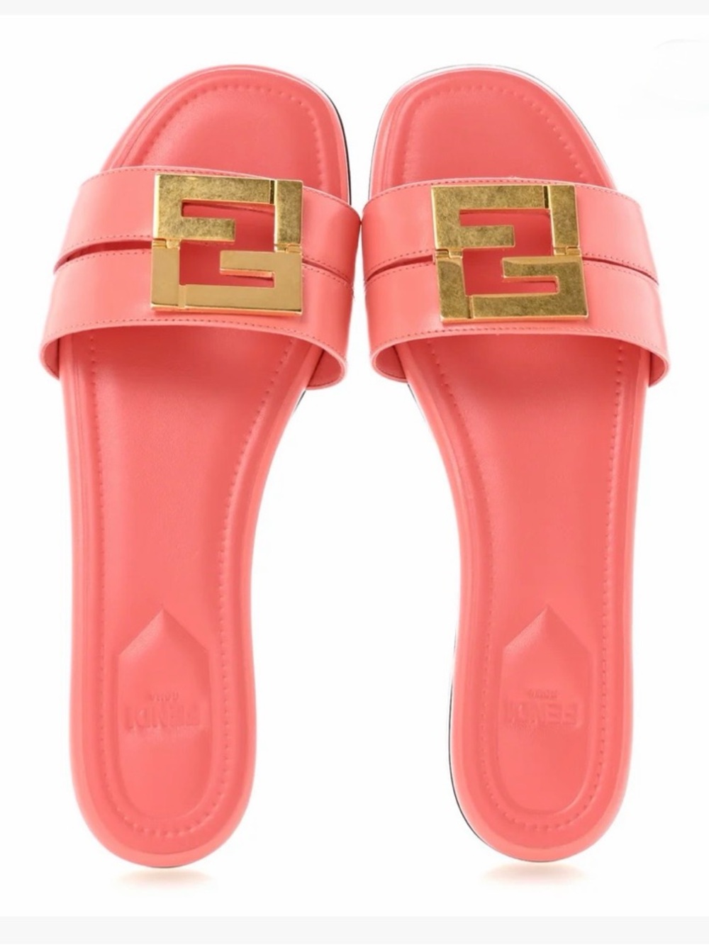 Fendi Coral Pink Leather Slide Sandals with Gold FF Buckle. Never worn!